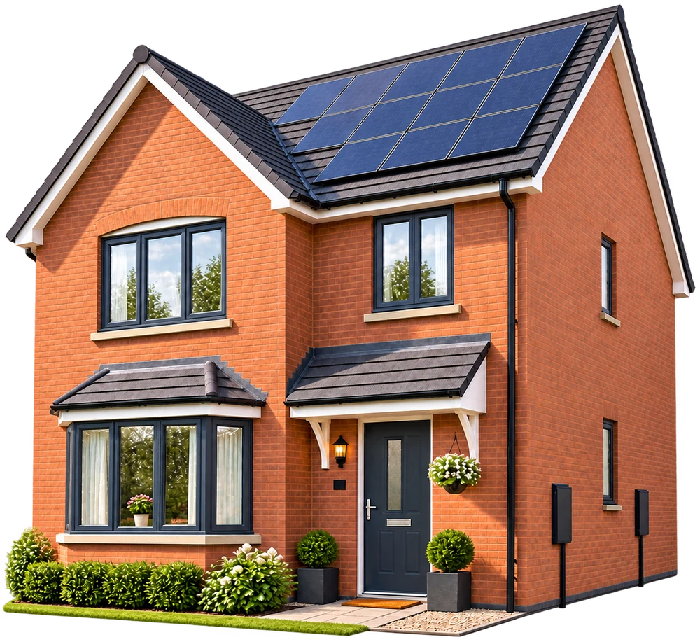 A modern UK brick house with solar panels fitted to the roof