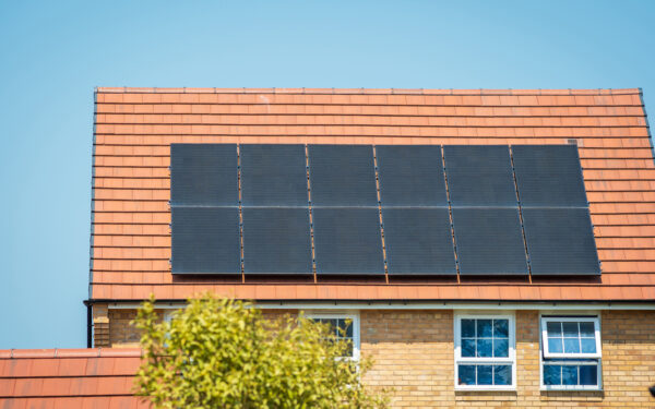 Solar panels on a residential roof in the UK.