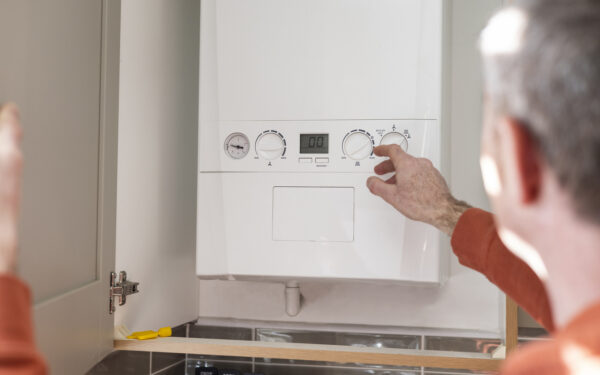 Man adjusting a boiler's settings.
