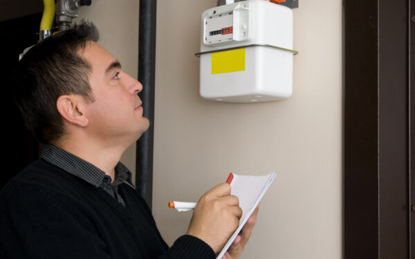 Man reading gas meter, taking notes